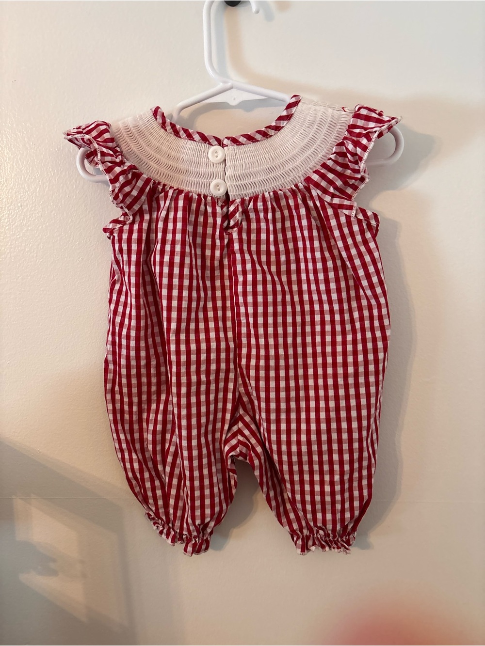 Clover Cottage Girls Red Gingham Smocked Romper with Baseball Embroidery - Picture 5 of 7
